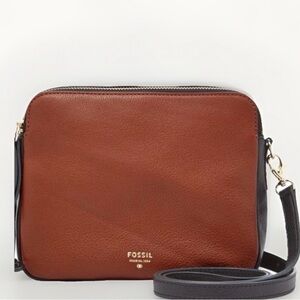 Fossil Tan and Black Leather Crossbody Bag